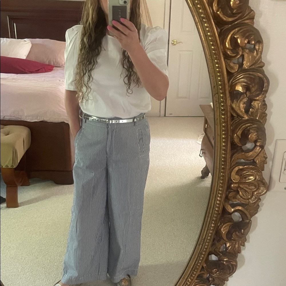 Ann Taylor Blue and White Pinstripe Wide-Leg Trousers